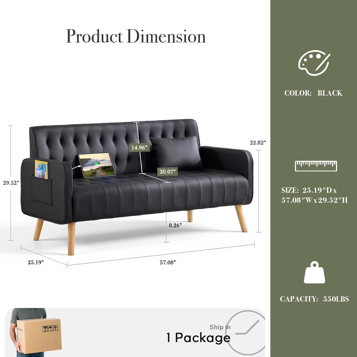 LAZZO 57" Mid-Century Modern Loveseat Sofa, Faux Leather Tufted Small Couch with USB Charging Ports & Pockets, Black