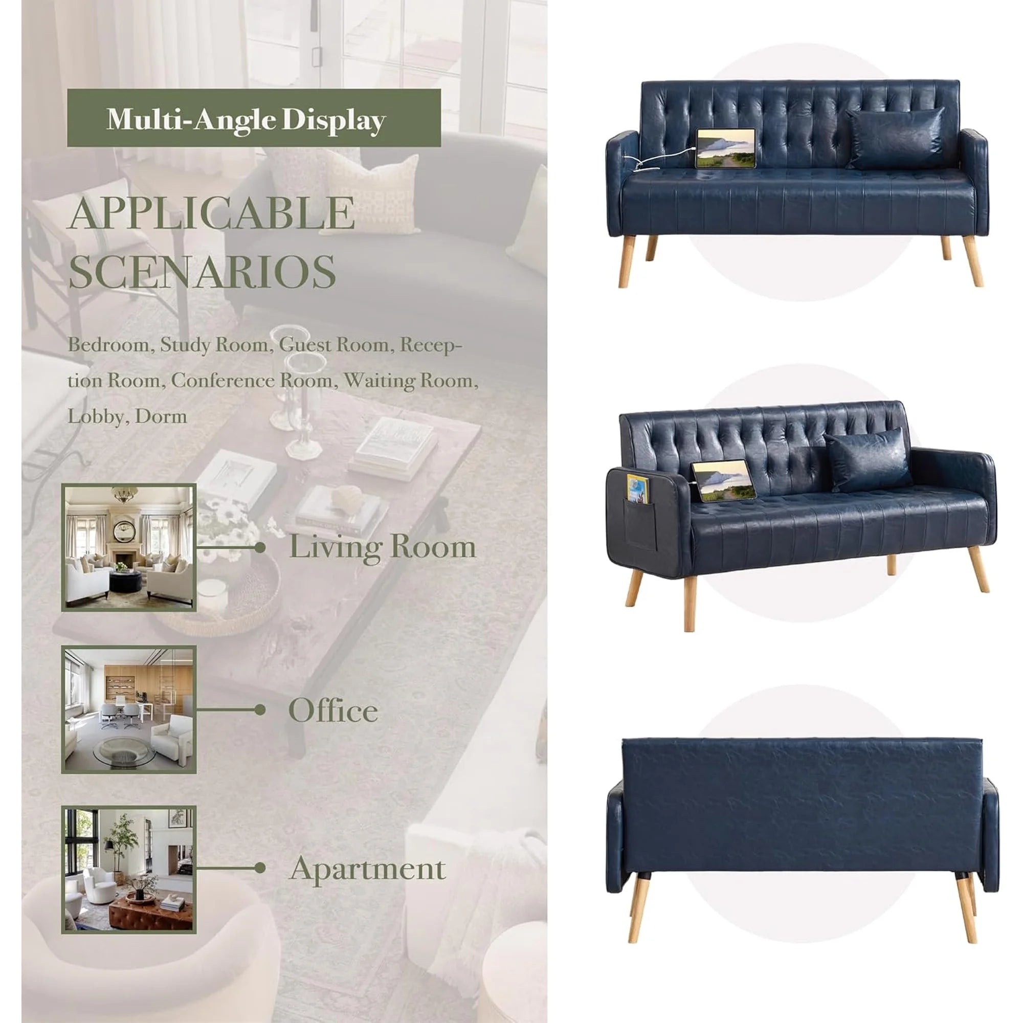 LAZZO 57" Mid-Century Modern Loveseat Sofa, Faux Leather Tufted Small Couch with USB Charging Ports & Pockets, Blue