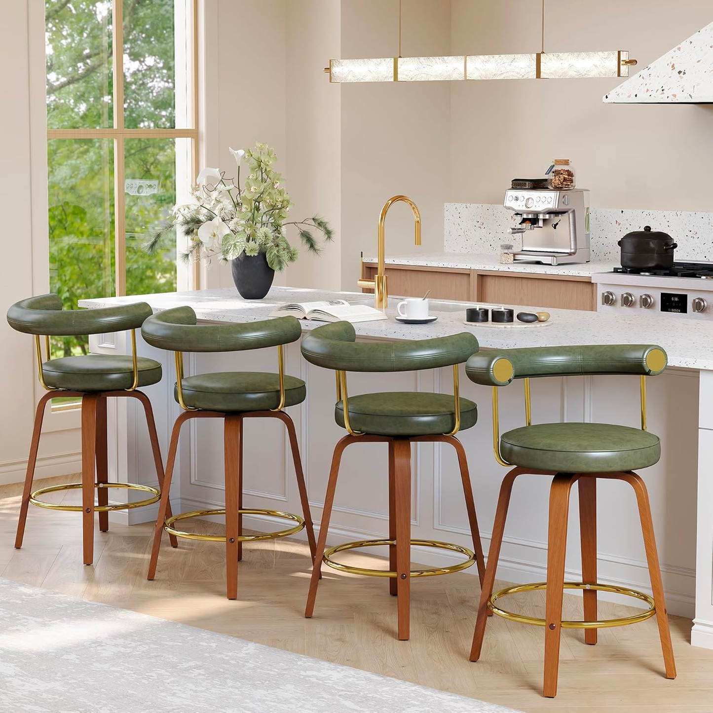 TYBOATLE Swivel Bar Stools Set of 4, 26” Counter Height Bar Stools with Bent Wood Legs and Back, Mid-Century Modern Faux Leather Bar Chairs Island Barstools for Kitchen (4, Olive Green)