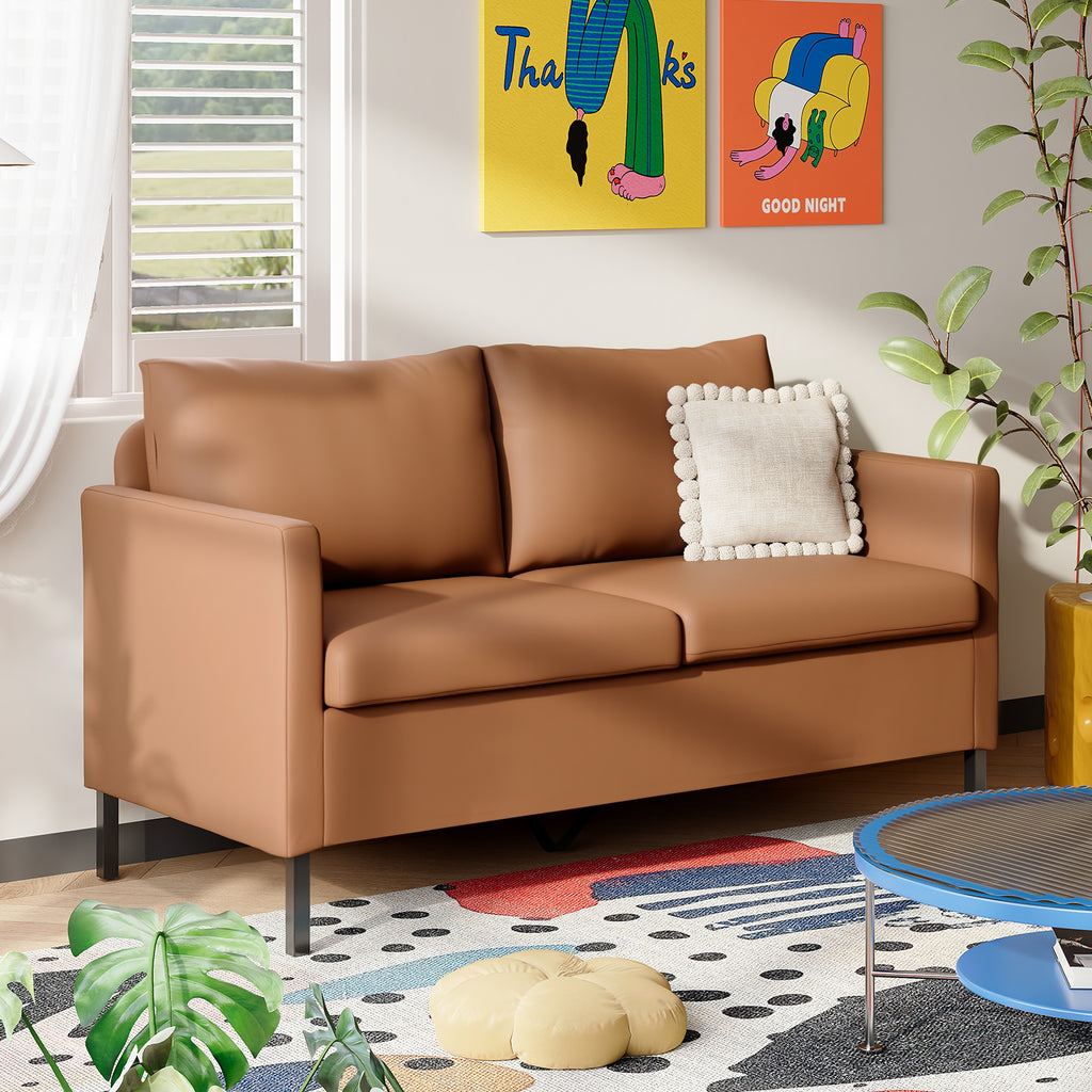 TYBOATLE Modern Faux Leather Small Couches for Small Spaces, Comfy Upholstered Brown Love Seat for Dorm, 2 Seater Mini Couch for Bedroom, Apartment, Office, Brown