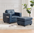 TYBOATLE Wide Accent Chair with Ottoman, Oversized Chaise Lounge Chair Indoor, Mid Century Modern Armchair with Pockets, Leather Comfy Chairs for Bedroom, Living Room, Office (Blue)