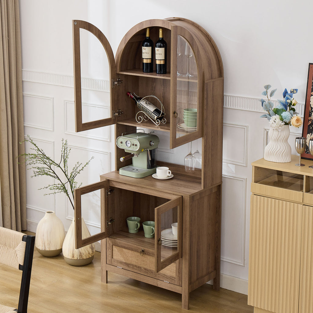 TYBOATLE 75’’ Tall Arched Pantry Cabinet w/Accessible Storage Area, China Cabinet w/Anti-Tipping Device and Innovative Drawer, Versatile Cupboard for Kitchen, Dining (Natrual)