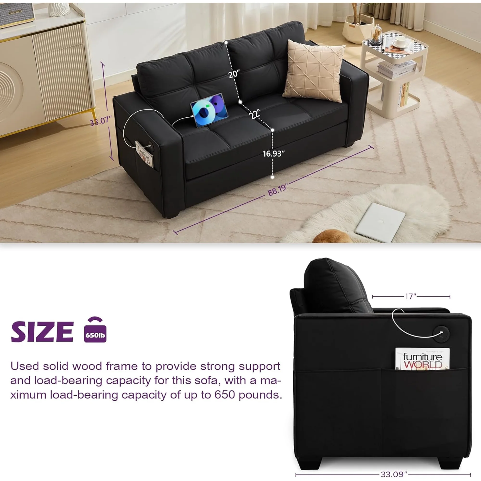 LAZZO 65" Mid-Century Modern Loveseat, 2-Seat Faux Leather Sofa with USB Charging Ports for Living Room, Office & Small Spaces, Black
