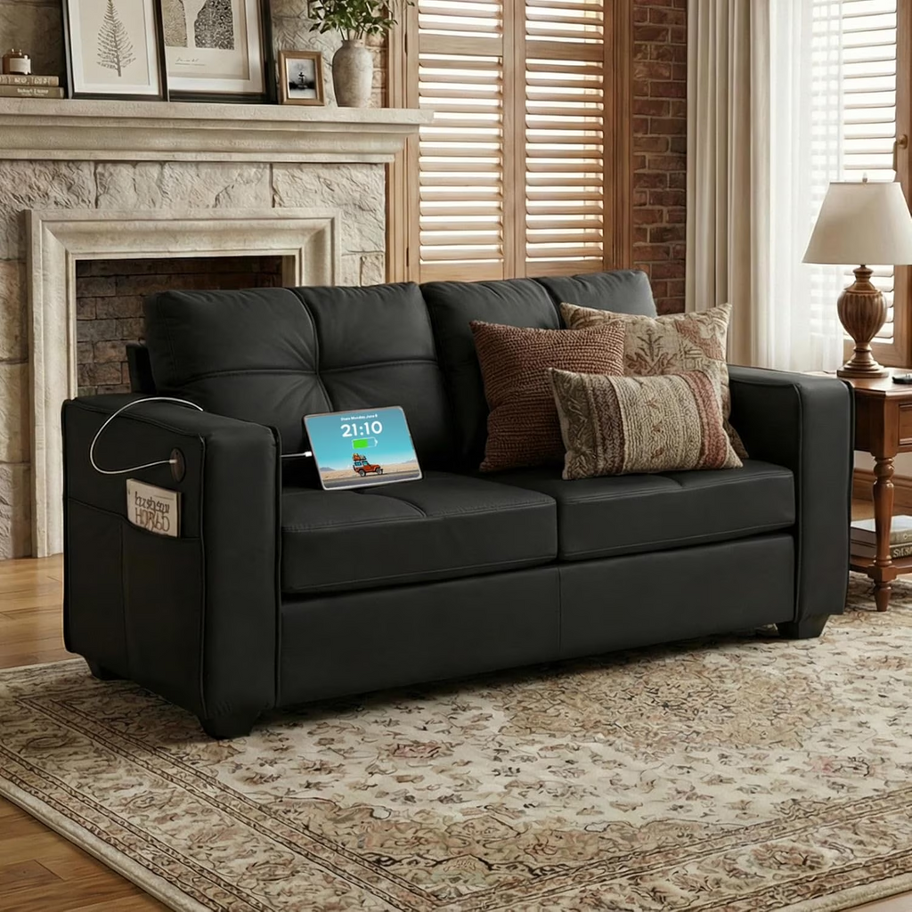 LAZZO 65" Mid-Century Modern Loveseat, 2-Seat Faux Leather Sofa with USB Charging Ports for Living Room, Office & Small Spaces, Black