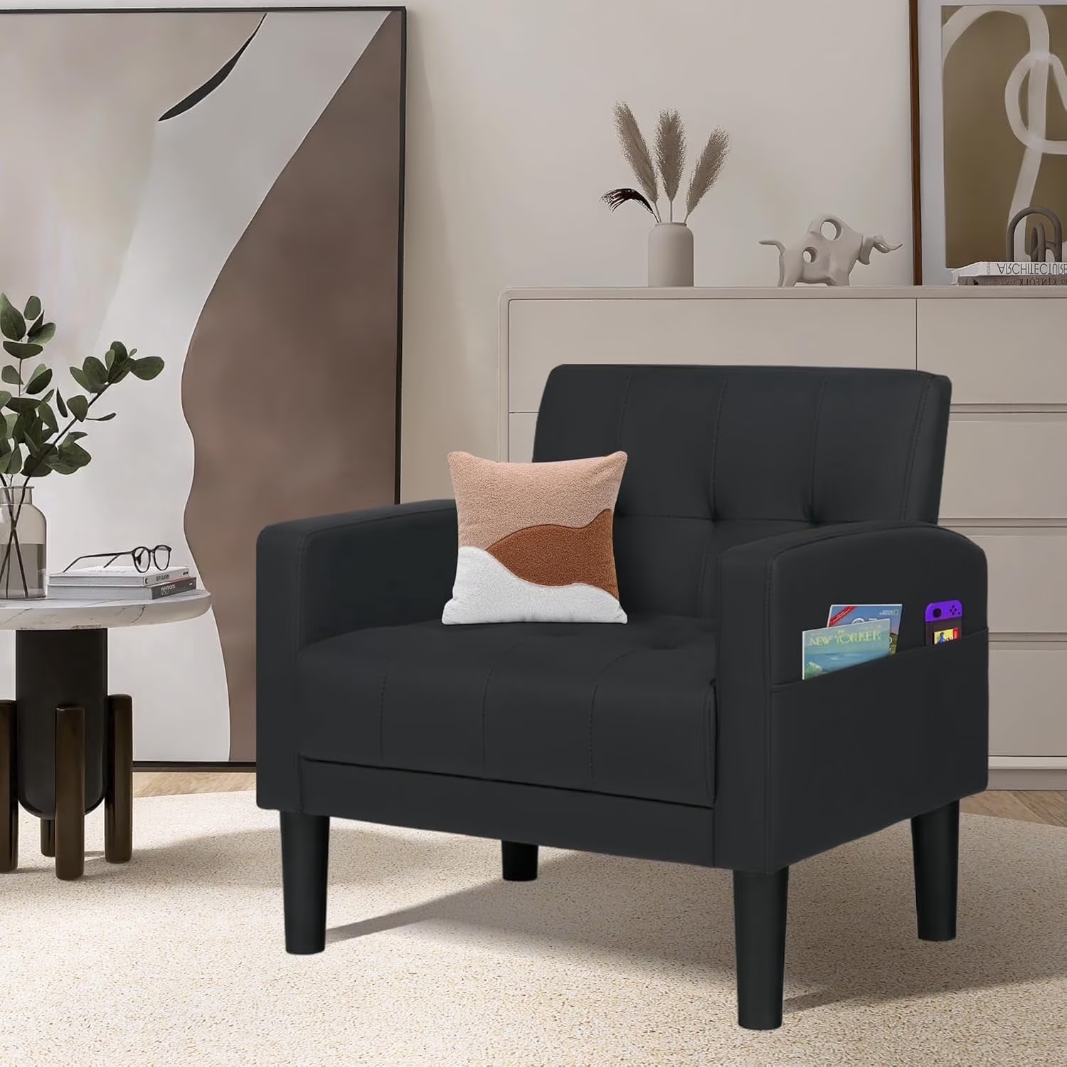 LAZZO Mid-Century Modern Accent Chair, Upholstered Armchair for Living Room Bedroom Office, Black