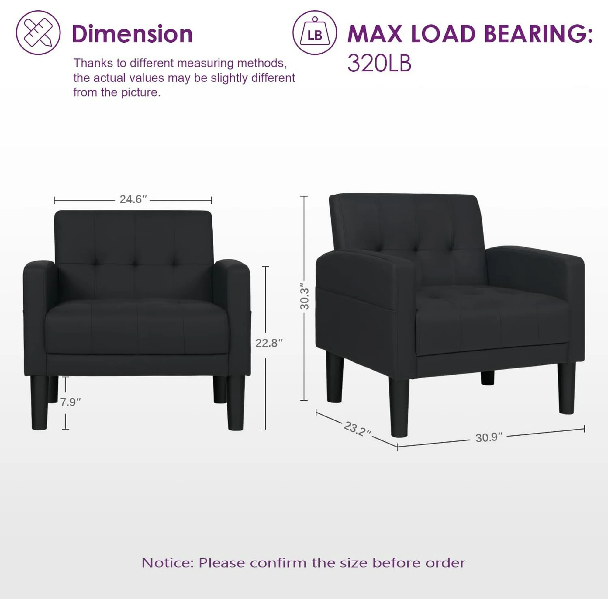 LAZZO Mid-Century Modern Accent Chair, Upholstered Armchair for Living Room Bedroom Office, Black