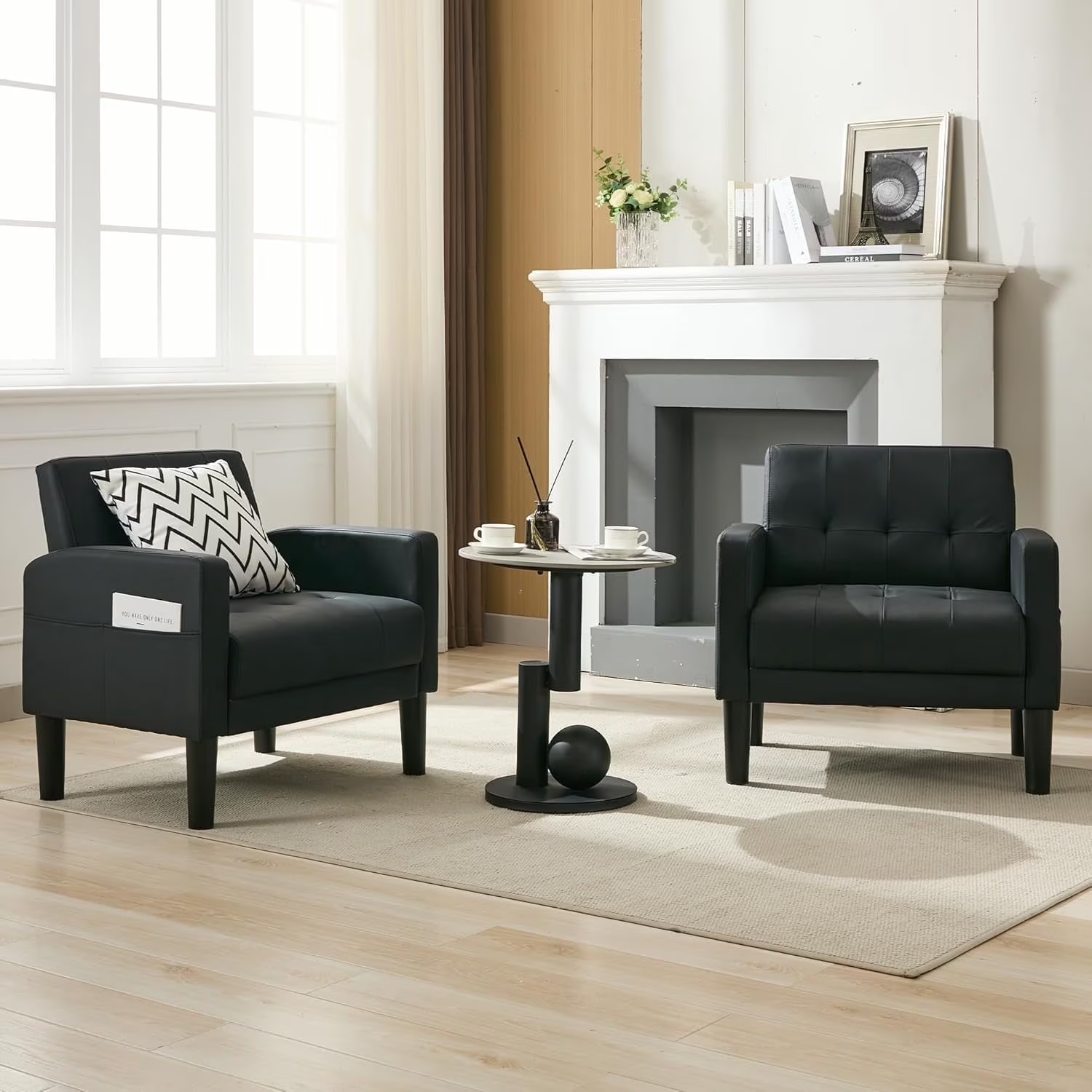 LAZZO Mid-Century Modern Accent Chair Set of 2, Upholstered Armchair for Living Room & Office, Black