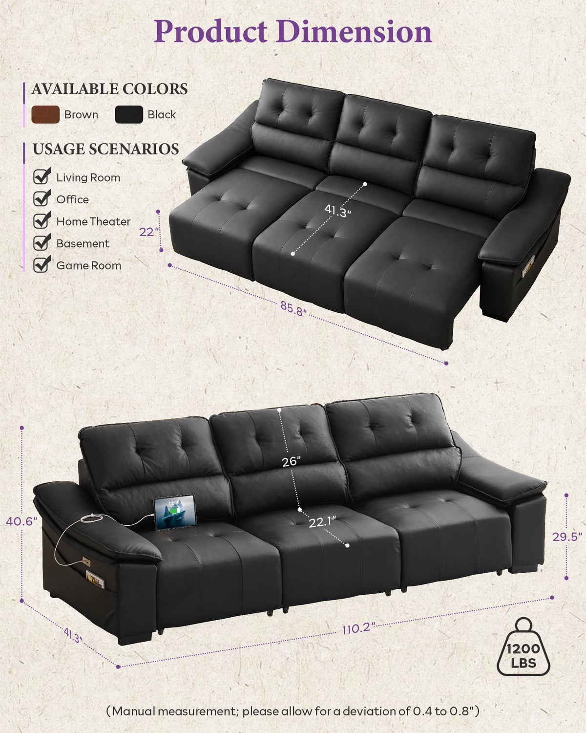 Electric Reclining Sectional Couch, Power Recliner Sofa w/USB & Type-C Charging Ports and Cup Holders, Leather Reclining Sofa for Living Room, Home Theater