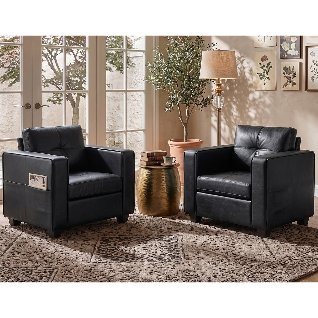TYBOATLE  Black Faux Leather Accent Chairs Set of 2, Oversized Armchairs Living Room