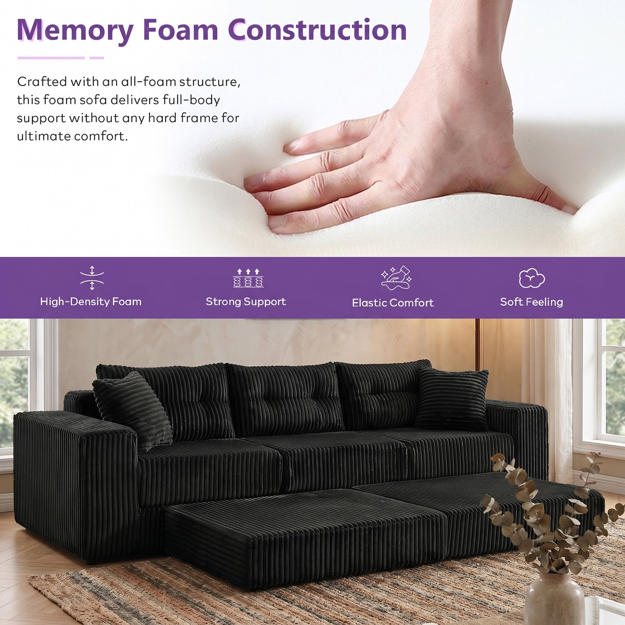 TYBOATLE Modular Sectional Sofa Couch, Corduroy Cloud Boneless Foam Couch with Deep Seats & Cup Holder, Modern Comfy Sleeper Sofa with L-Shape Chaise, No Assembly (Black)