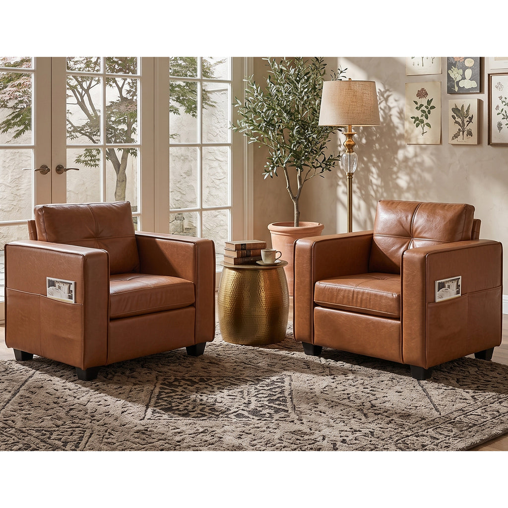 TYBOATLE Brown Faux Leather Accent Chairs Set of 2, Tufted Arm Chairs Living Room