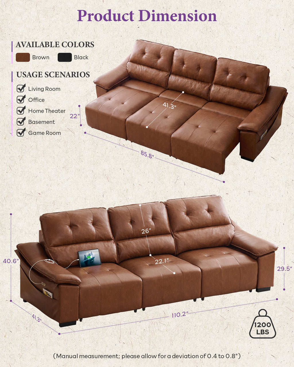 Electric Reclining Sectional Couch, Power Recliner Sofa w/USB & Type-C Charging Ports and Cup Holders, Leather Reclining Sofa for Living Room, Home Theater