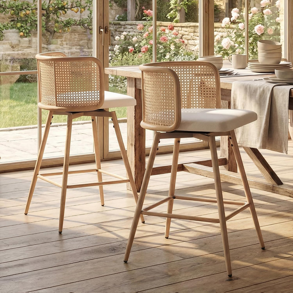 TYBOATLE 26" Rattan Bar Stools Set of 2, Swivel Counter Height Barstools, White