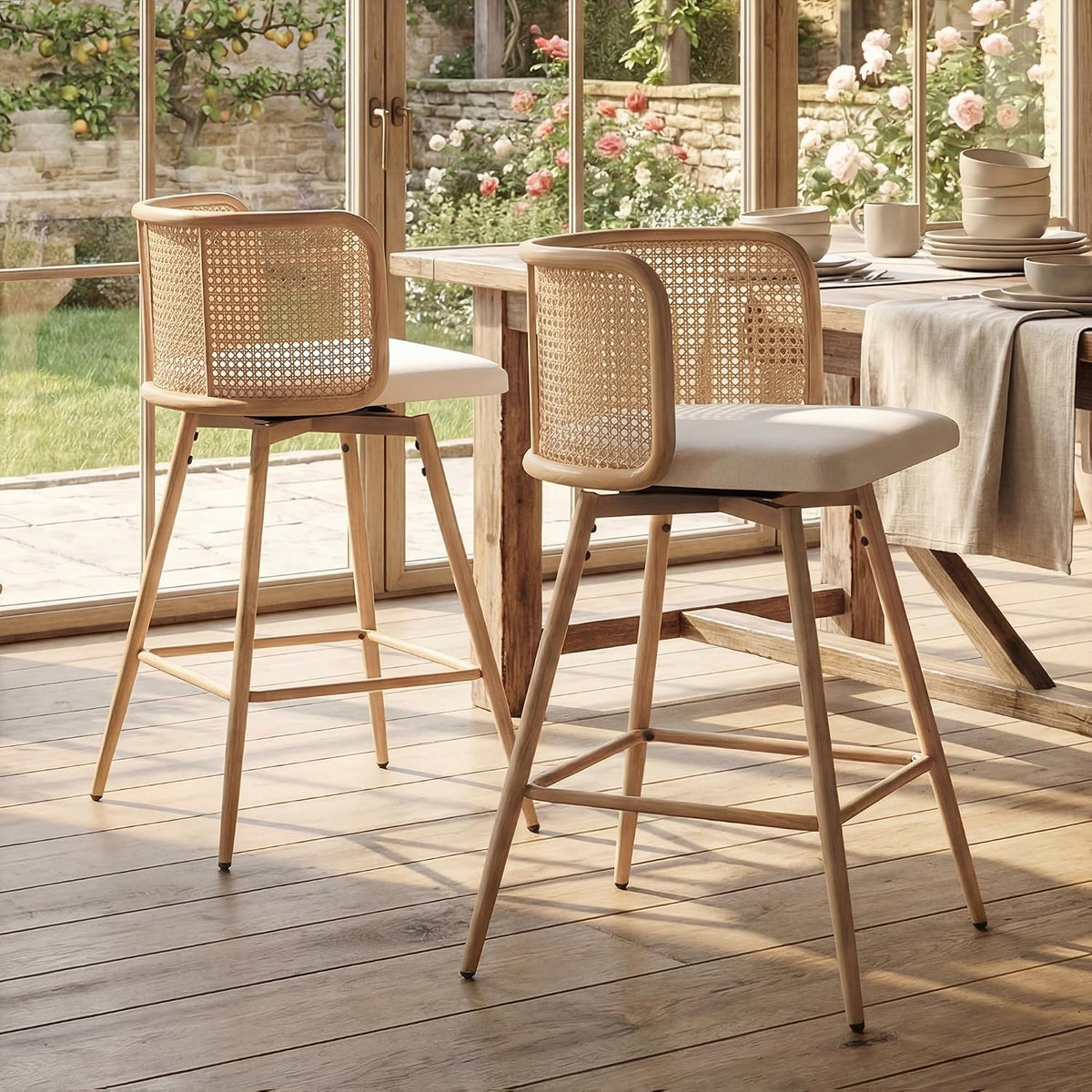 TYBOATLE 26" Rattan Bar Stools Set of 2, Swivel Counter Height Barstools, White