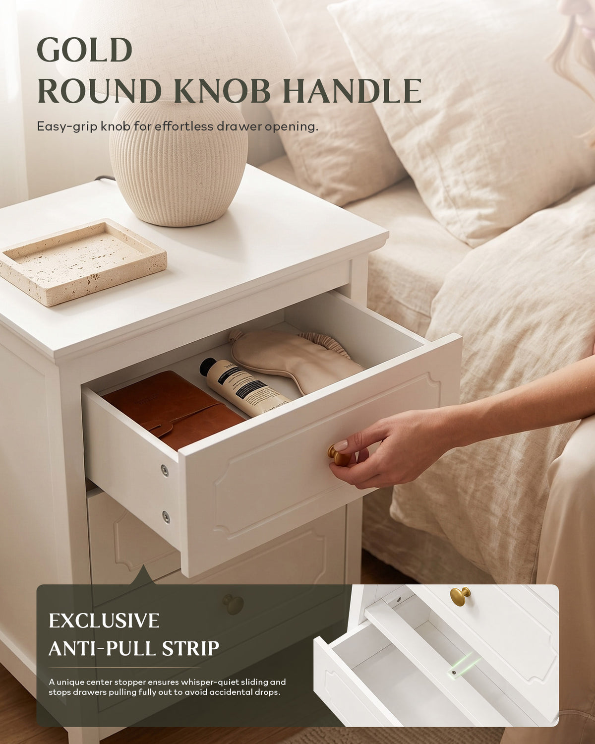 YIGOBUY 3 Drawer Nightstand, Modern Storage Night Stand White Narrow Bedside Table with Gold Knobs,Wood End Table