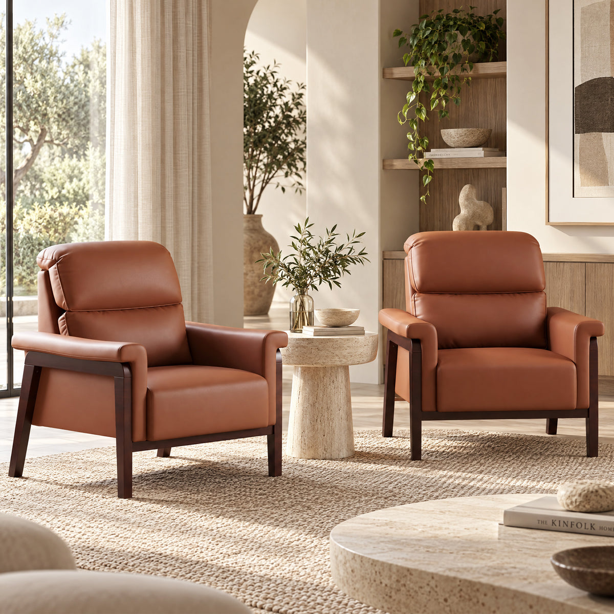 JIASTING Oversized Leather Accent Chair Set of 2, Chair with Wooden Legs & High Back