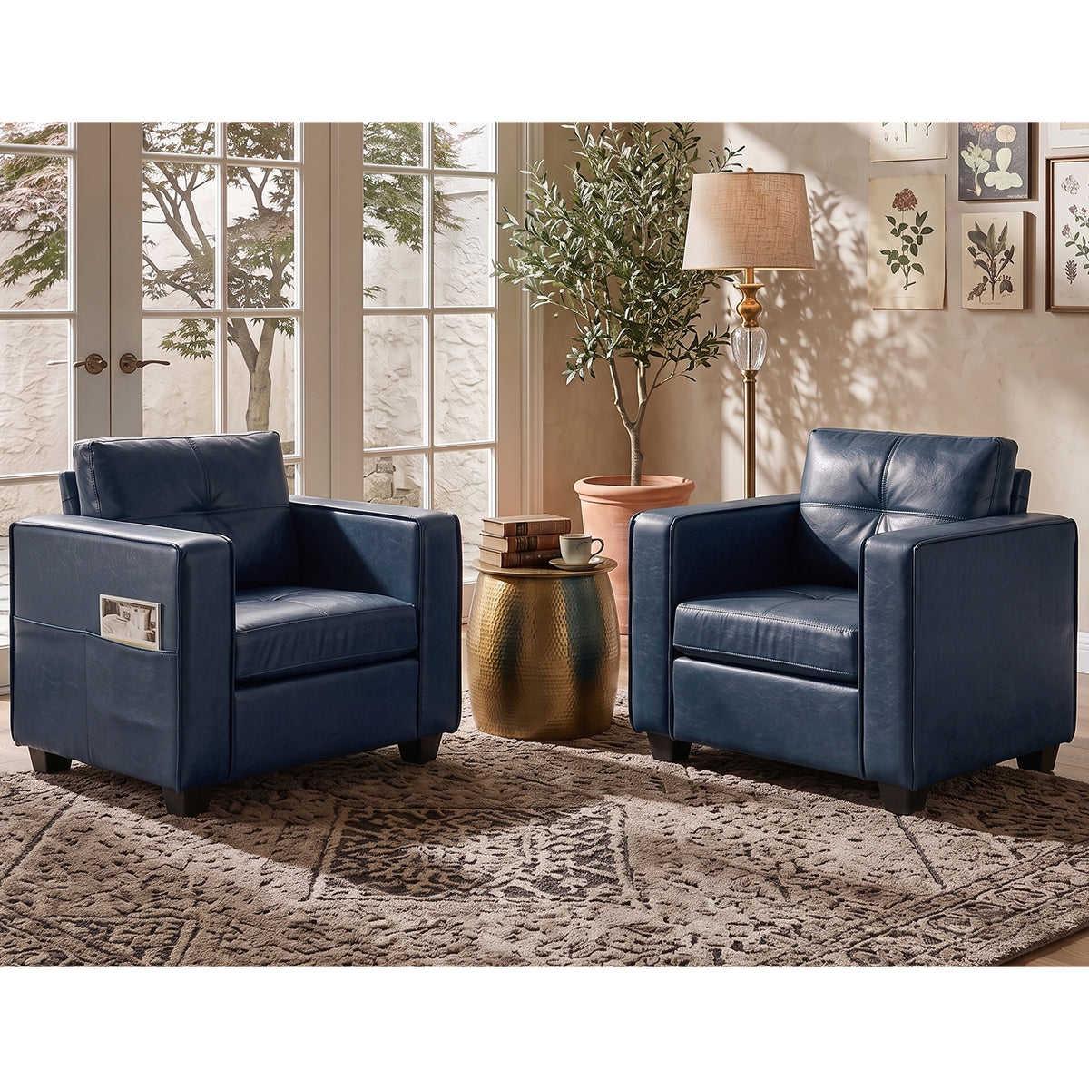 TYBOATLE Blue Faux Leather Accent Chairs Set of 2, Oversized Armchairs Living Room