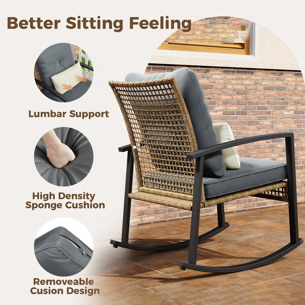 LAZZO 3 Pieces Patio Outdoor Conversation Set with Lumbar Pillows and Coffee Table, PE Wicker Rocking Chairs with Gray Cushions