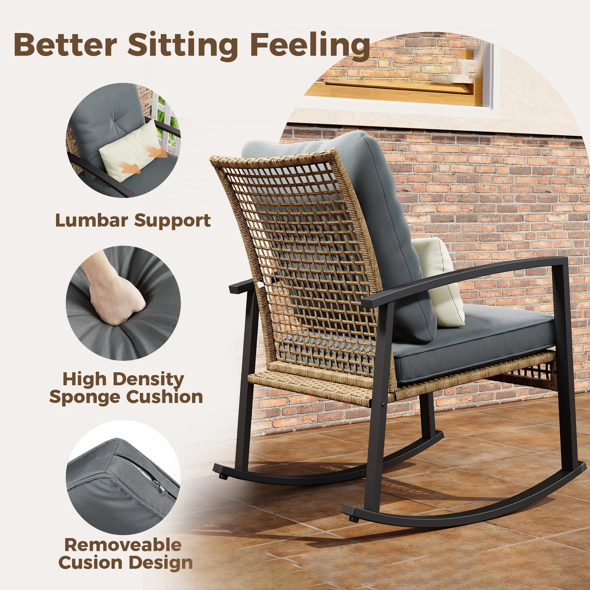 LAZZO 3 Pieces Patio Outdoor Conversation Set with Lumbar Pillows and Coffee Table, PE Wicker Rocking Chairs with Gray Cushions