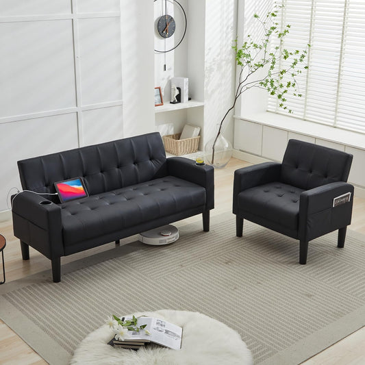 TYBOATLE Sofa Couch 62" W Loveseat w/ 2 USB Charger Ports & 2 Cupholders, Mid-Century Modern Tufted Small Love Seat Couches for Office,Compact Living Room,Bedroom,Apartment,Dorm (Black) (2, Black)