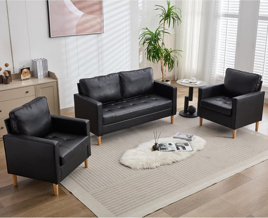 TYBOATLE 57" Sofa Couch, Black Faux Leather Modern Loveseat for Living Room, Tufted Mini Sofa, Comfy Office 2 Seat Love Seats, Small Couches for Small Space (3, Black)