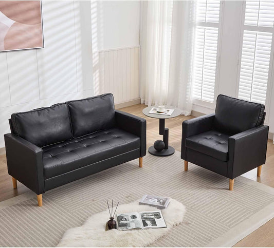 TYBOATLE 57" Sofa Couch, Black Faux Leather Modern Loveseat for Living Room, Tufted Mini Sofa, Comfy Office 2 Seat Love Seats, Small Couches for Small Space (2, Black)