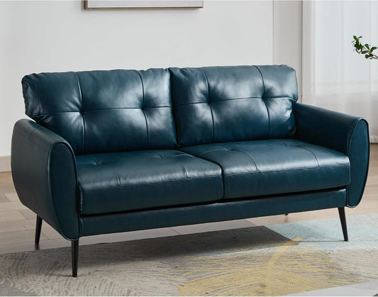 Sofa Couch 61" Small Loveseat Couches for Living Room Blue Leather Couch Mid Century Modern Tufted Mini Sofa Comfy Office 2 Seat Settee Love Seat Small Couches for Small Spaces Bedroom (1, Blue)