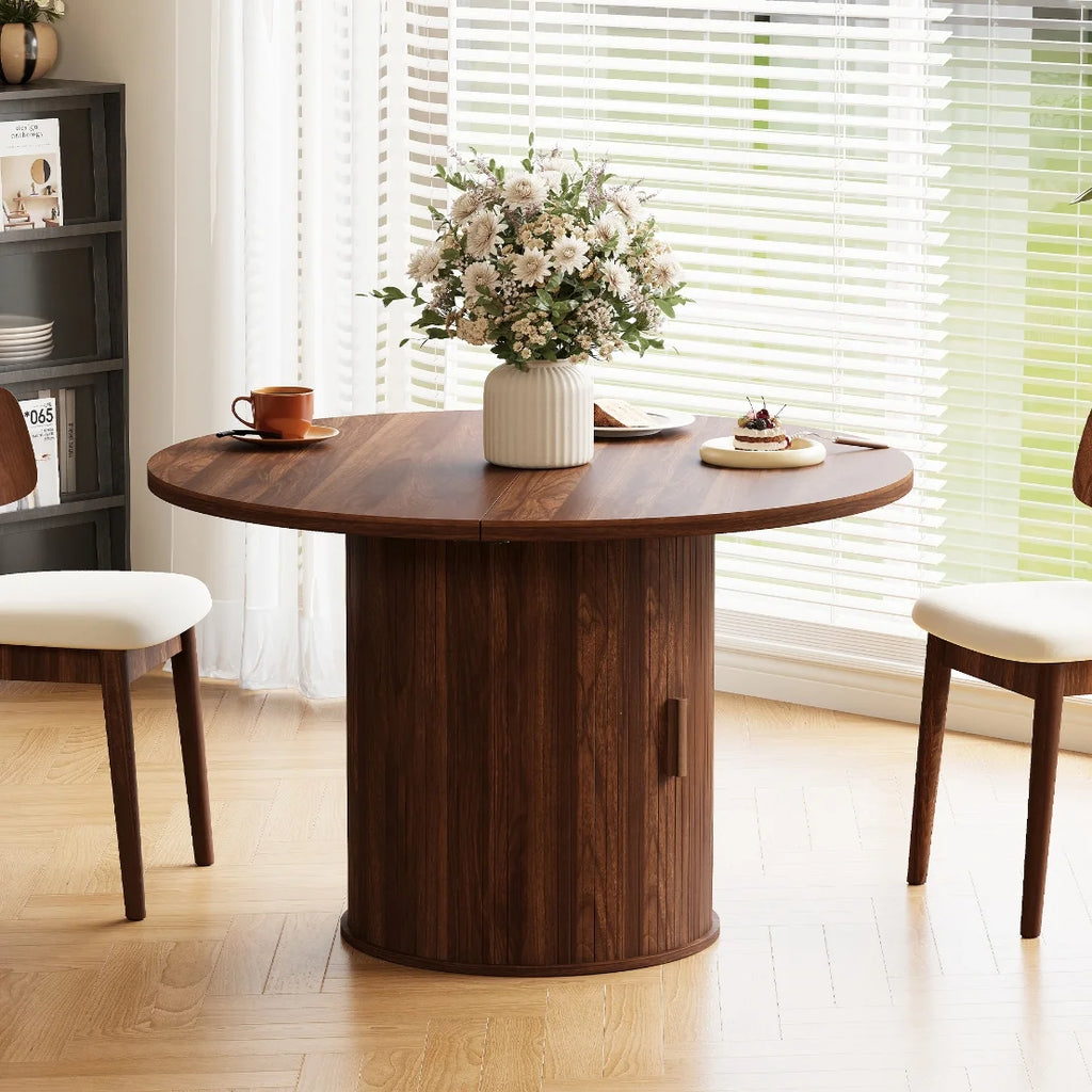 LAZZO 47" Round Dining Table with Storage, Modern Fluted Side Shelf, Seats 4-6 for Kitchen Dining Room, Walnut