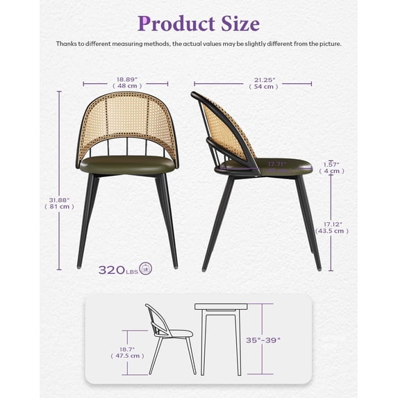 LAZZO Rattan Dining Chairs Set of 4, Mid-Century Modern Kitchen Chairs with Faux Leather Cushions and Metal Legs for Dining Room, Green