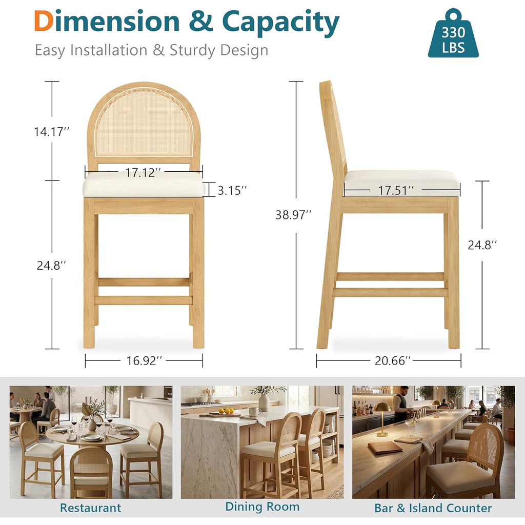 LAZZO Rattan Bar Stools Set of 2, Wooden Counter Height Stools with Rattan Woven Back and Chenille Seat for Dining Room, Beige