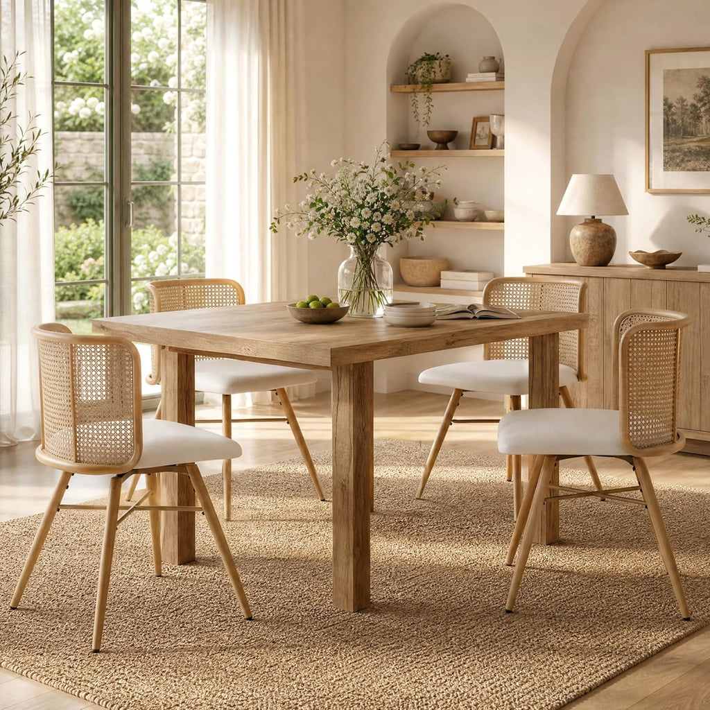 TYBOATLE Rattan Dining Chiars Set of 4, Farmhouse Boho Dining Room Chair with Natural Cane Woven Back and Faux Leather Seat, Mid-Century Modern Kithchen Chairs for Dining Table (4, Cream White)