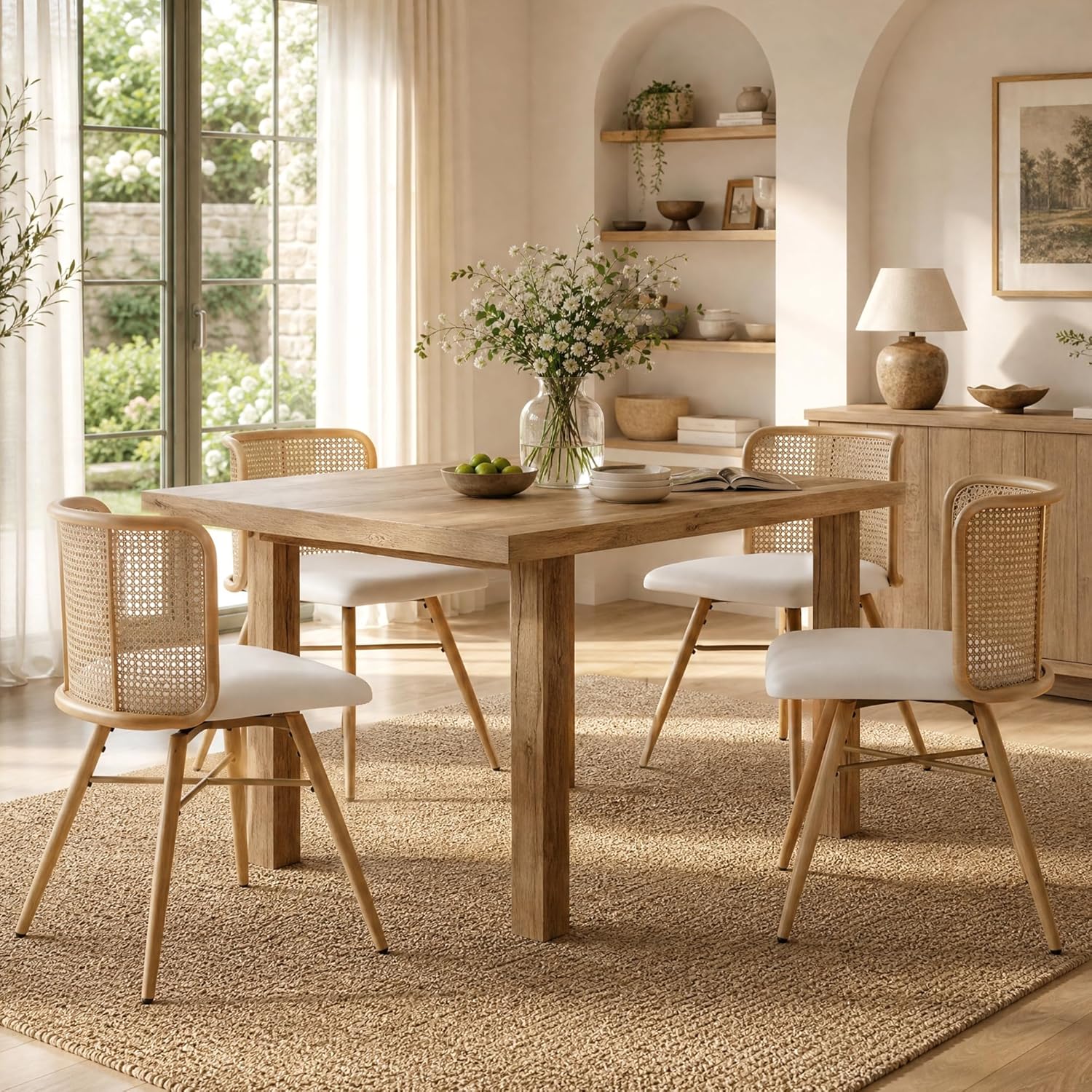 TYBOATLE Rattan Dining Chiars Set of 4, Farmhouse Boho Dining Room Chair with Natural Cane Woven Back and Faux Leather Seat, Mid-Century Modern Kithchen Chairs for Dining Table (4, Cream White)
