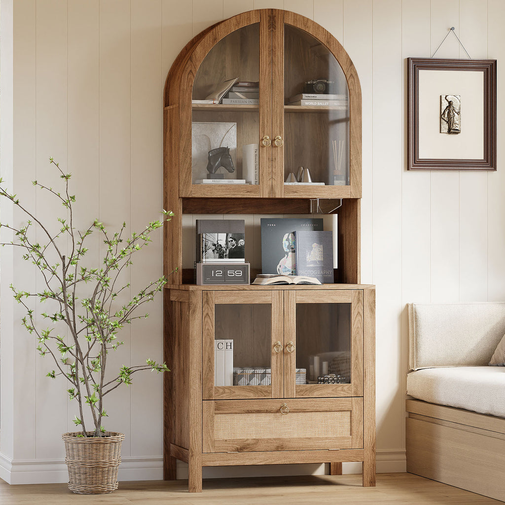 TYBOATLE 75’’ Tall Arched Pantry Cabinet w/Accessible Storage Area, China Cabinet w/Anti-Tipping Device and Innovative Drawer, Versatile Cupboard for Kitchen, Dining (Natrual)
