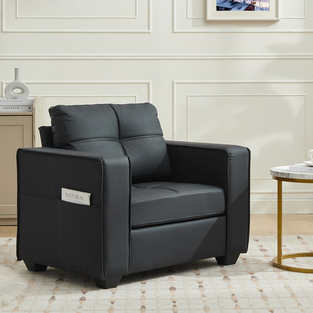 TYBOATLE Accent Chair, Comfy Black Faux Leather Living Room Chair Reading Oversized Accent Chairs Tufted Mid Century Modern Arm Chair, Wide Armchair for Office Bedroom Lobby