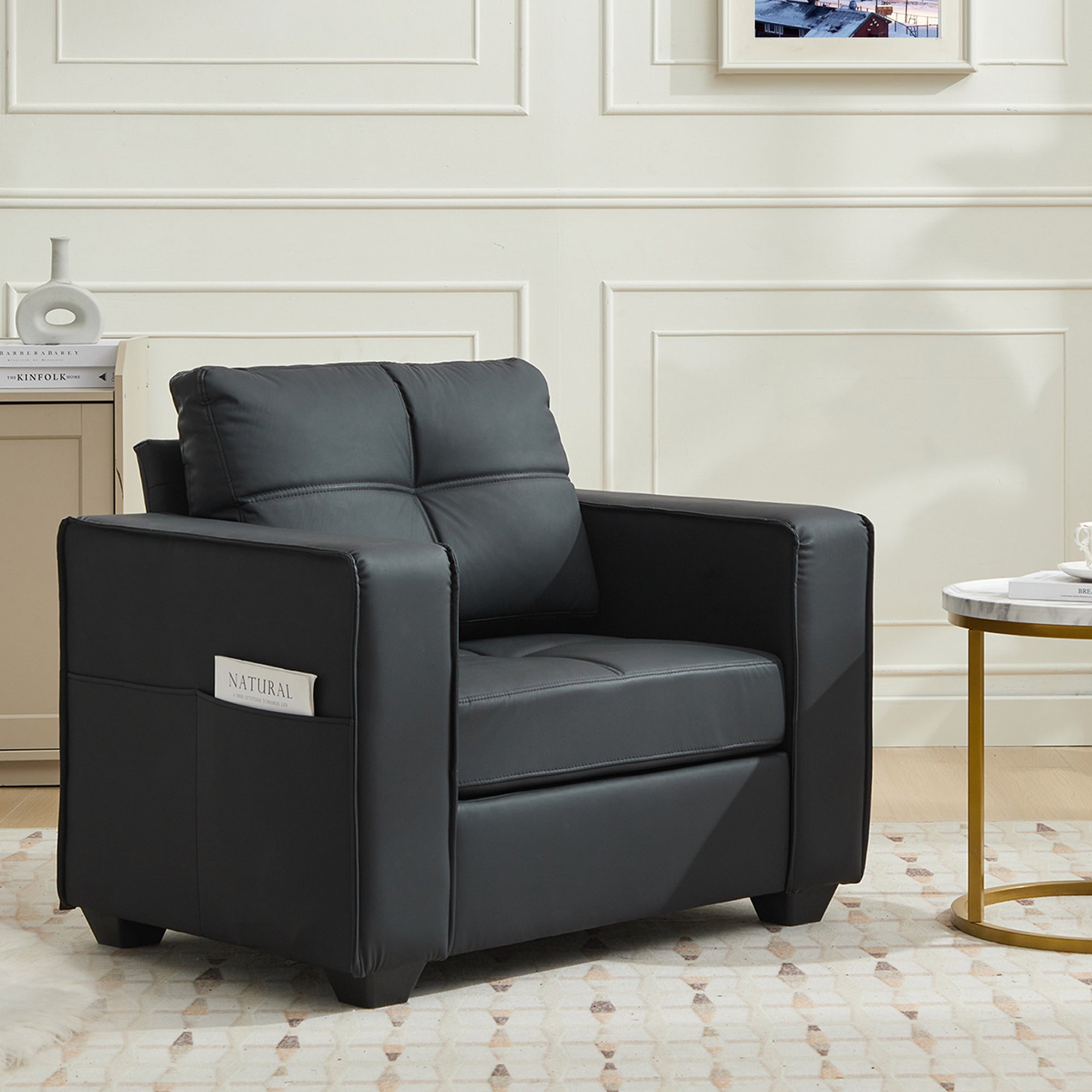 TYBOATLE Accent Chair, Comfy Black Faux Leather Living Room Chair Reading Oversized Accent Chairs Tufted Mid Century Modern Arm Chair, Wide Armchair for Office Bedroom Lobby