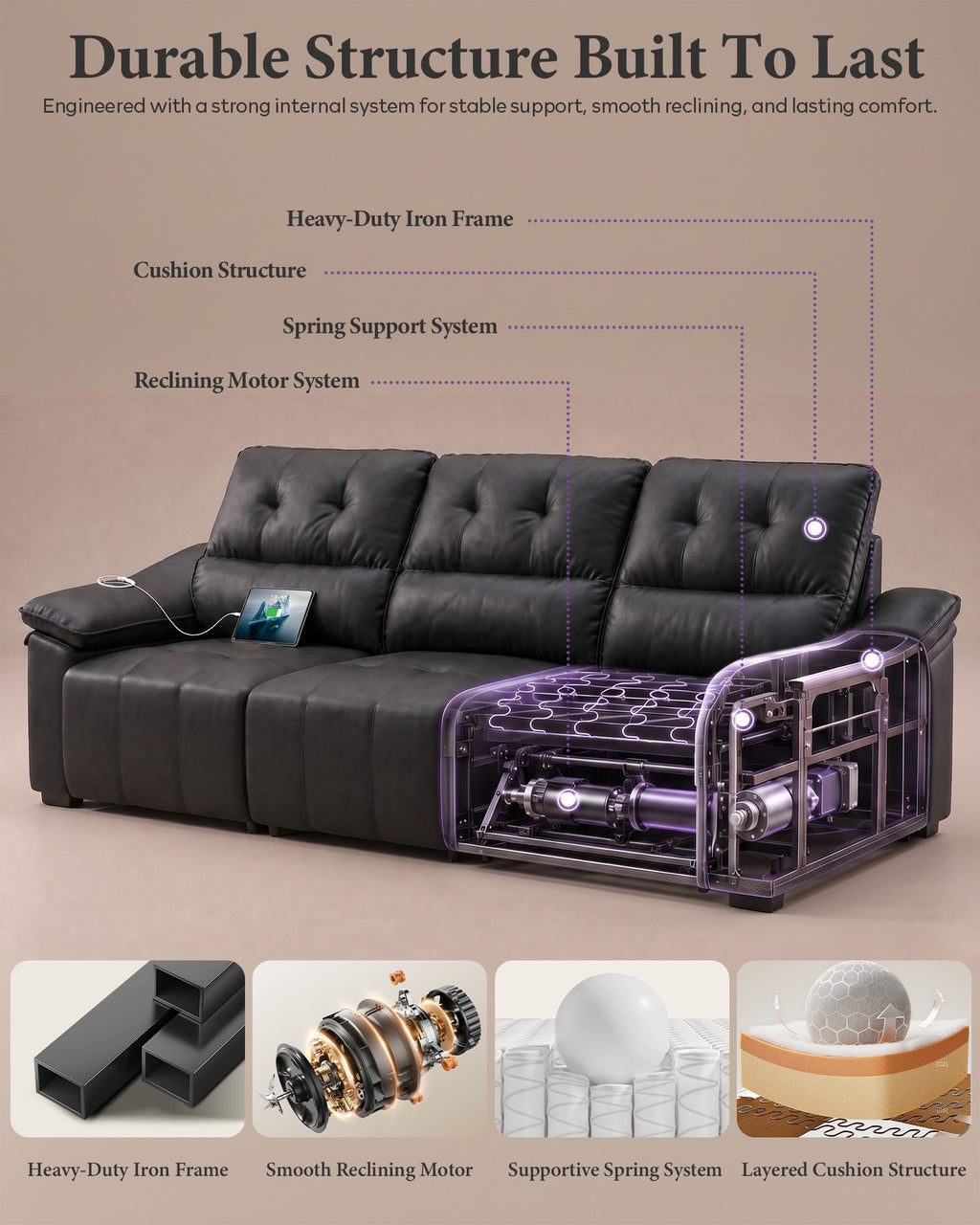 Electric Reclining Sectional Couch, Power Recliner Sofa w/USB & Type-C Charging Ports and Cup Holders, Leather Reclining Sofa for Living Room, Home Theater