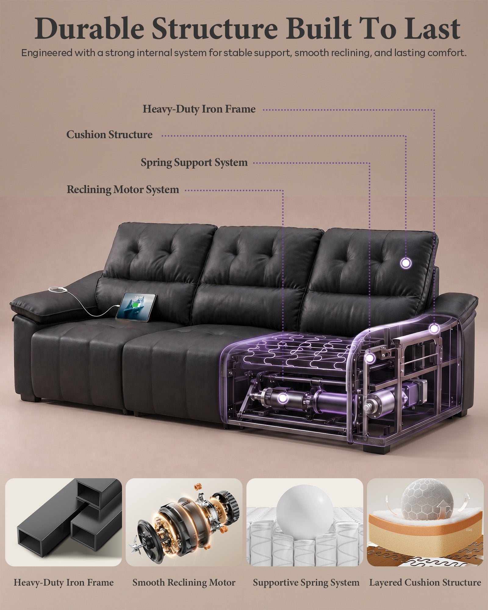 Electric Reclining Sectional Couch, Power Recliner Sofa w/USB & Type-C Charging Ports and Cup Holders, Leather Reclining Sofa for Living Room, Home Theater