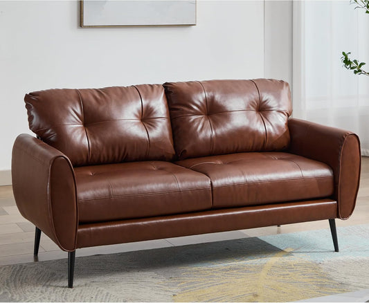 Sofa Couch 61" Small Loveseat Couches for Living Room White Leather Couch Mid Century Modern Tufted Mini Sofa Comfy Office 2 Seat Settee Love Seat Small Couches for Small Spaces Bedroom (1, Brown)