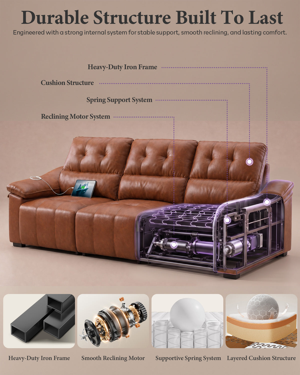 Electric Reclining Sectional Couch, Power Recliner Sofa w/USB & Type-C Charging Ports and Cup Holders, Leather Reclining Sofa for Living Room, Home Theater