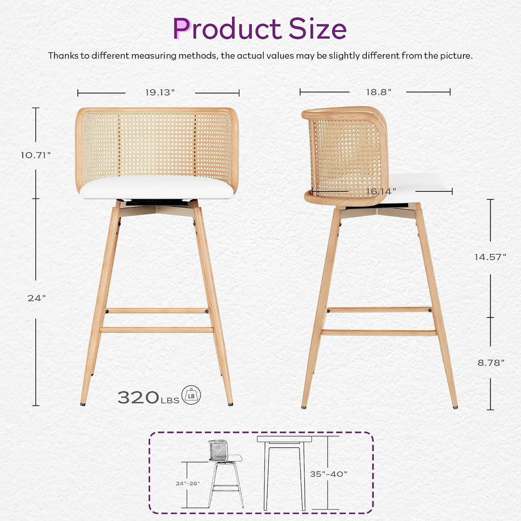 TYBOATLE 26" Rattan Bar Stools Set of 2, Swivel Counter Height Barstools, White