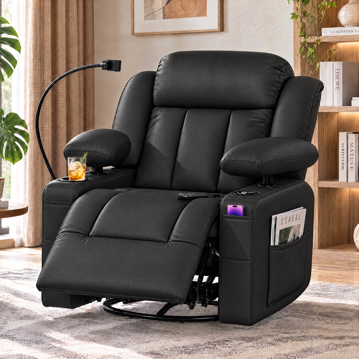 AODAILIHB Power Swivel Recliner Chair w/ Motorized Adjustable Armrests,320° Swivel Gentle Rocking M1 M2 Memory Remote Control Nursing Glider w/ Storage Pockets Cup Phone Holder for Breastfeeding Living Room