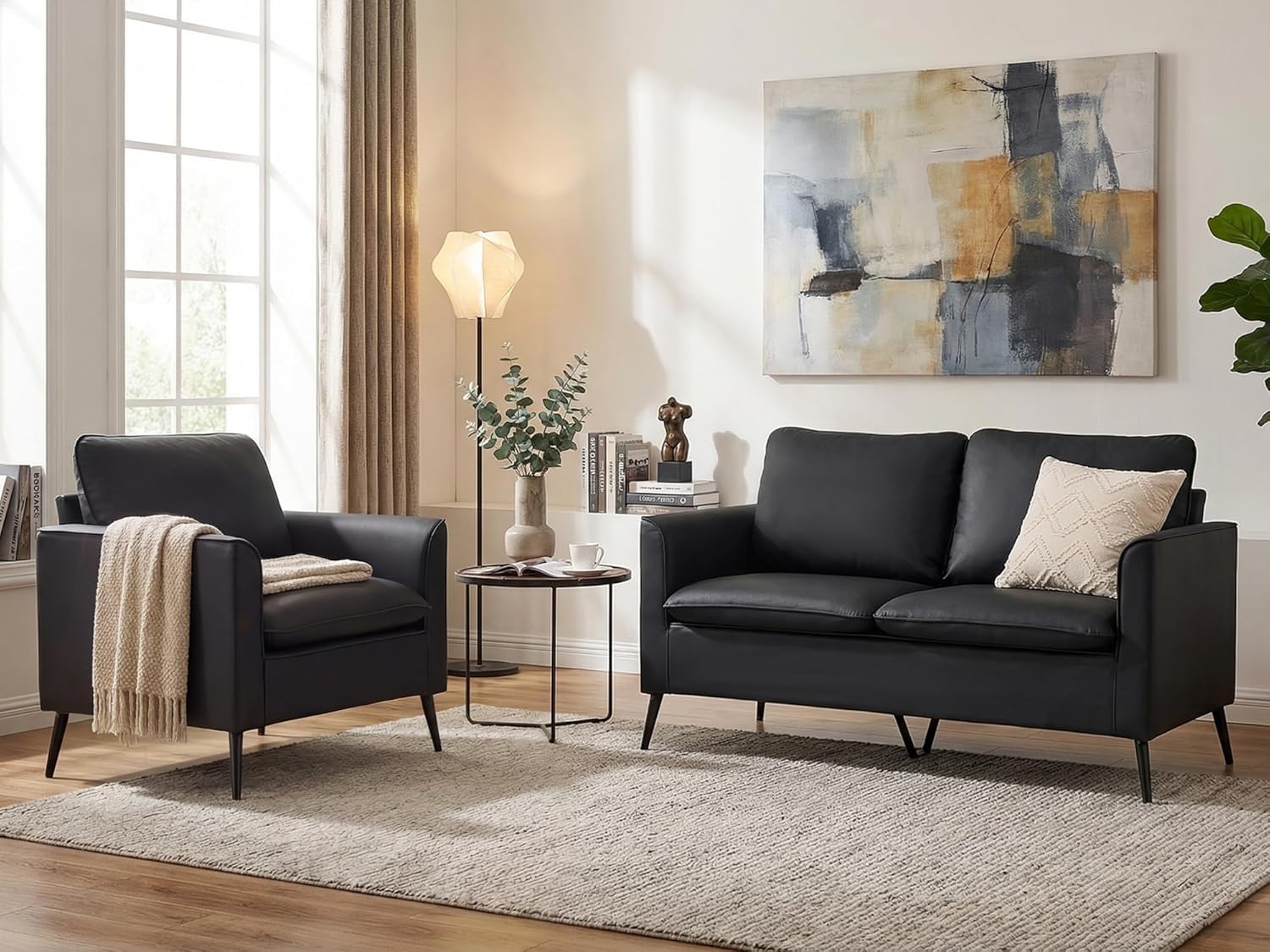 TYBOATLE Faux Leather Loveseat and Accent Chair, Comfy Love Seat Sofa and Chair Set with 2 Pillows, Mid-Century Modern 2 Seat Couches for Small Spaces, 2 Pieces Living Room Furniture Sets (2, Black)