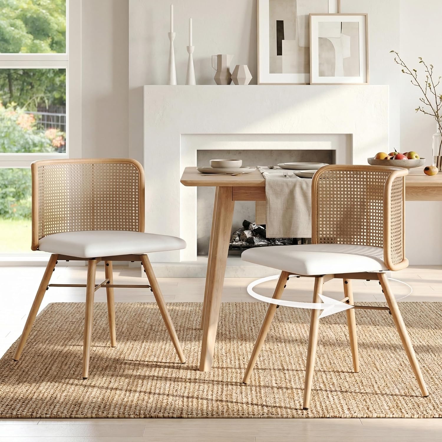 TYBOATLE Swivel Rattan Dining Chiars Set of 2, Farmhouse Boho Dining Room Chair with Rattan Woven Back and Faux Leather Seat, Upholstered Kithchen Chairs for Dining Table