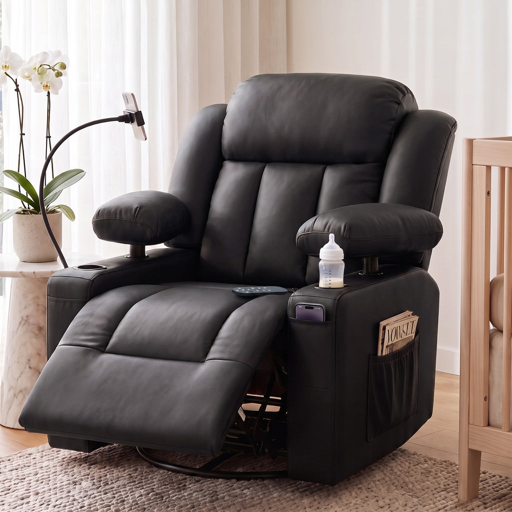 HOPUBUY Power Leather Home Theater Recliner w/Motorized Adjustable Armrests 320° Swivel M1 M2 Memory Remote Oversized Movie Theater Chair w/ Storage Pockets Cup Phone Holder for Living Room