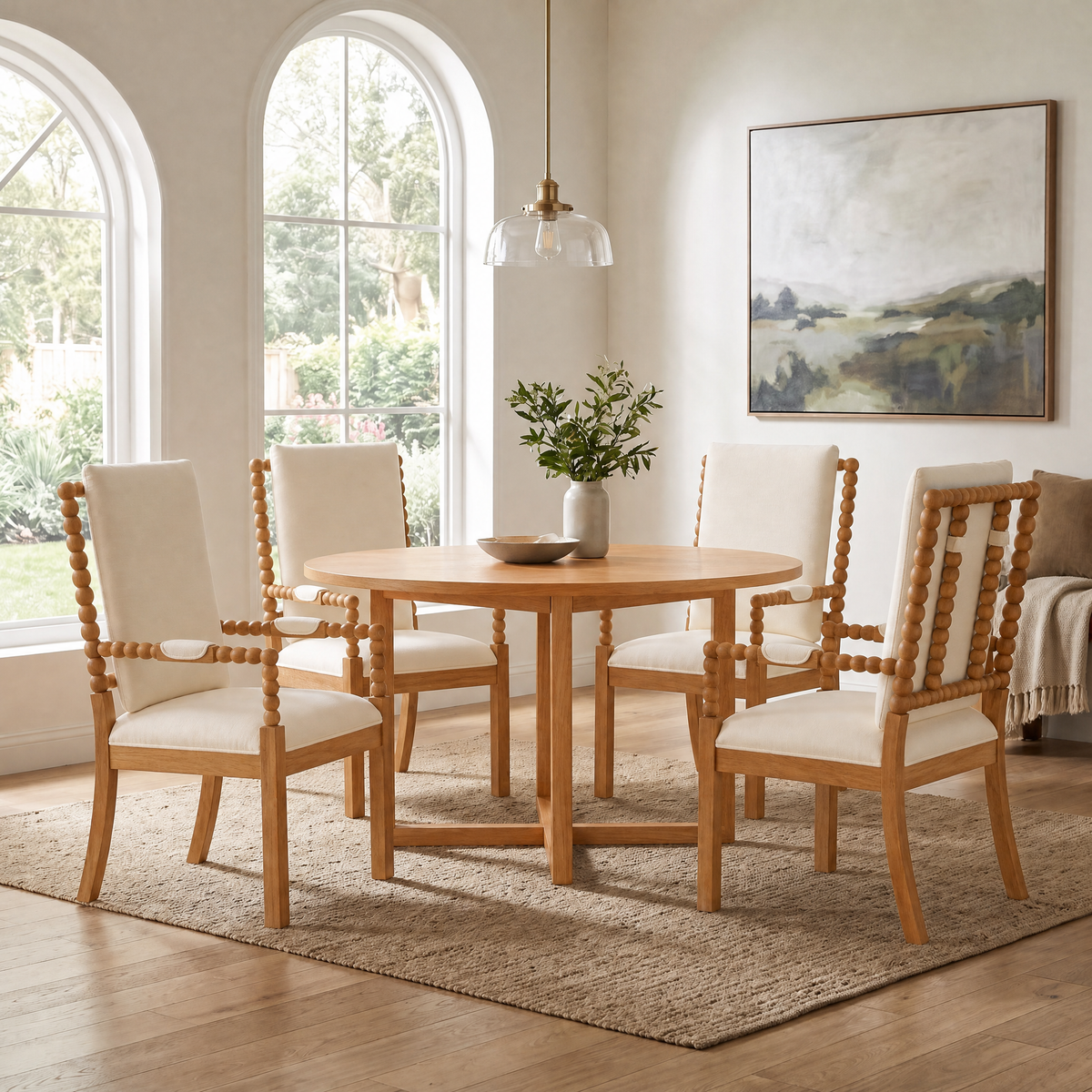 JIASTING Farmhouse Dining Chairs Set of 4 with Bobbin Spindle, Padded Armrest, Linen, Natural Wood