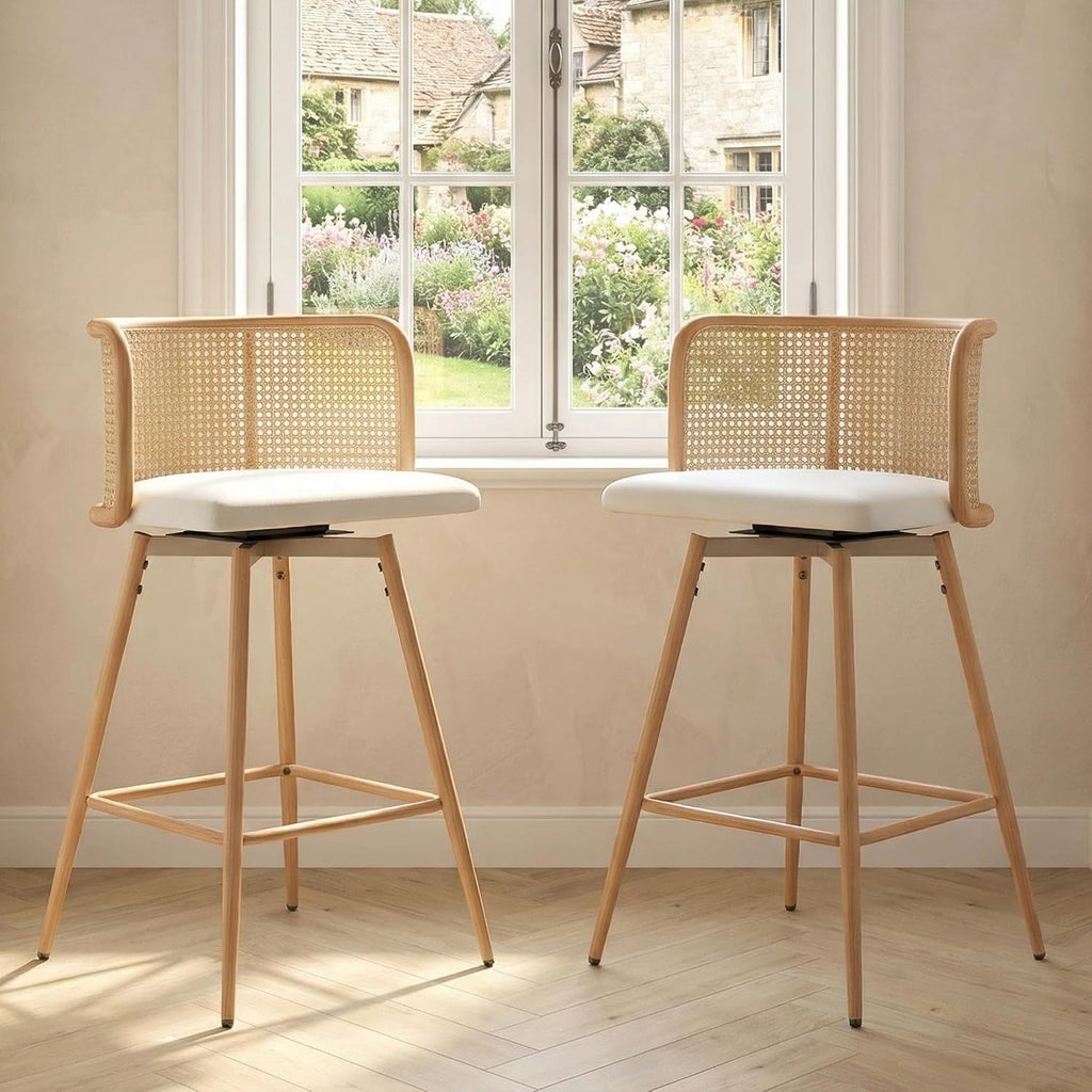 TYBOATLE 26" Rattan Bar Stools Set of 2, Swivel Counter Height Barstools, White
