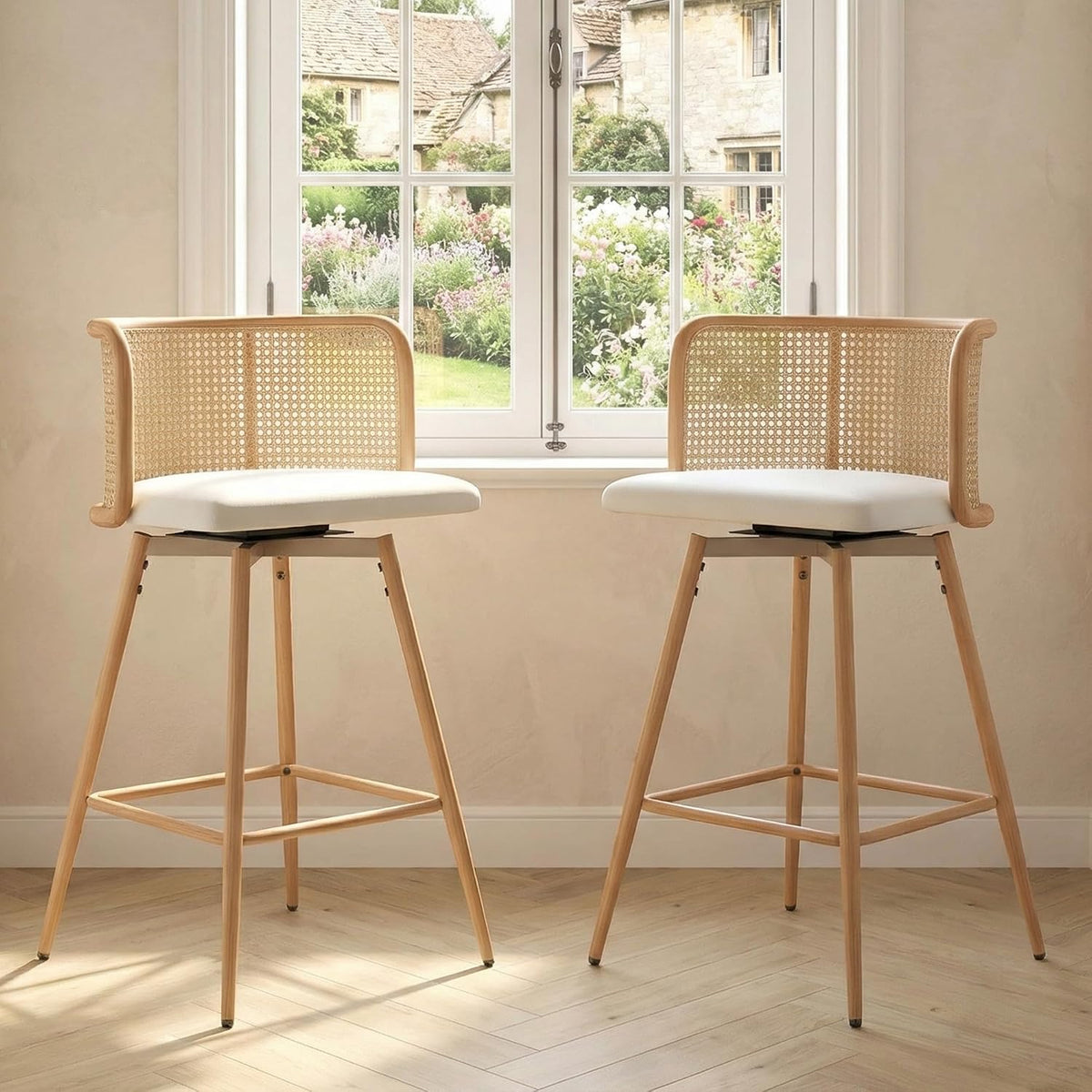 TYBOATLE 26" Rattan Bar Stools Set of 2, Swivel Counter Height Barstools, White