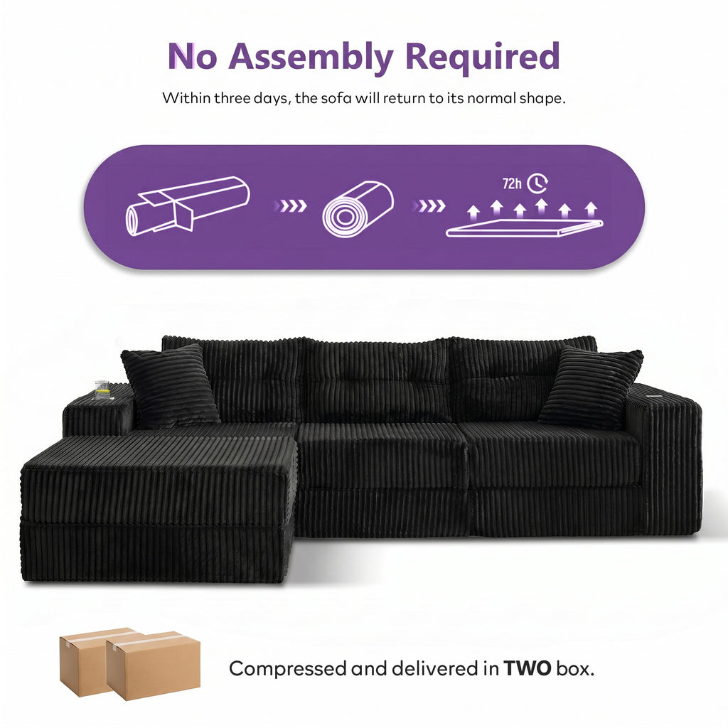 TYBOATLE Modular Sectional Sofa Couch, Corduroy Cloud Boneless Foam Couch with Deep Seats & Cup Holder, Modern Comfy Sleeper Sofa with L-Shape Chaise, No Assembly (Black)
