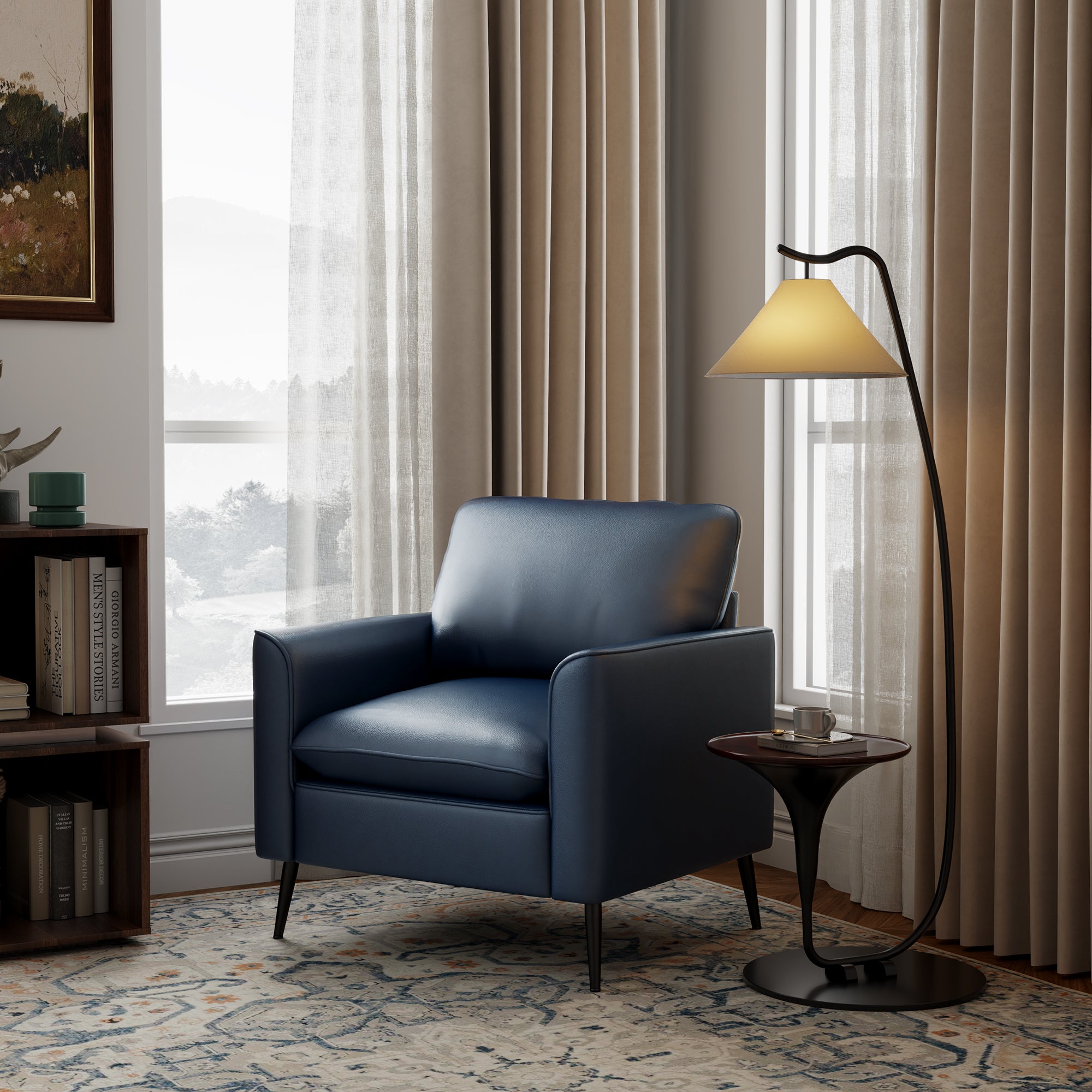 TYBOATLE Leather Accent Chair, Mid-Century Modern Comfy Living Room Chairs, Cozy Office Reading Chair, Reception Armchairs for Bedroom, Office, Waiting Room (Blue)