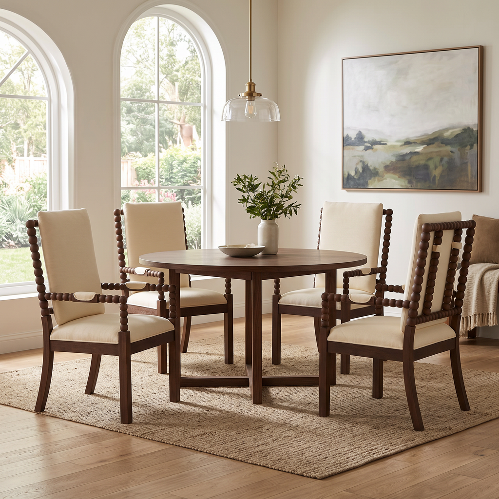 JIASTING Farmhouse Dining Chairs Set of 4 with Bobbin Spindle, Padded Armrest, Lineny, Dark Brown